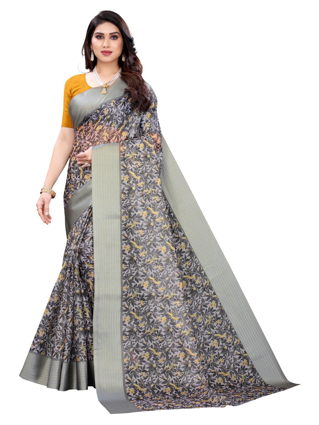 

KALINI Grey & Brown Floral Saree