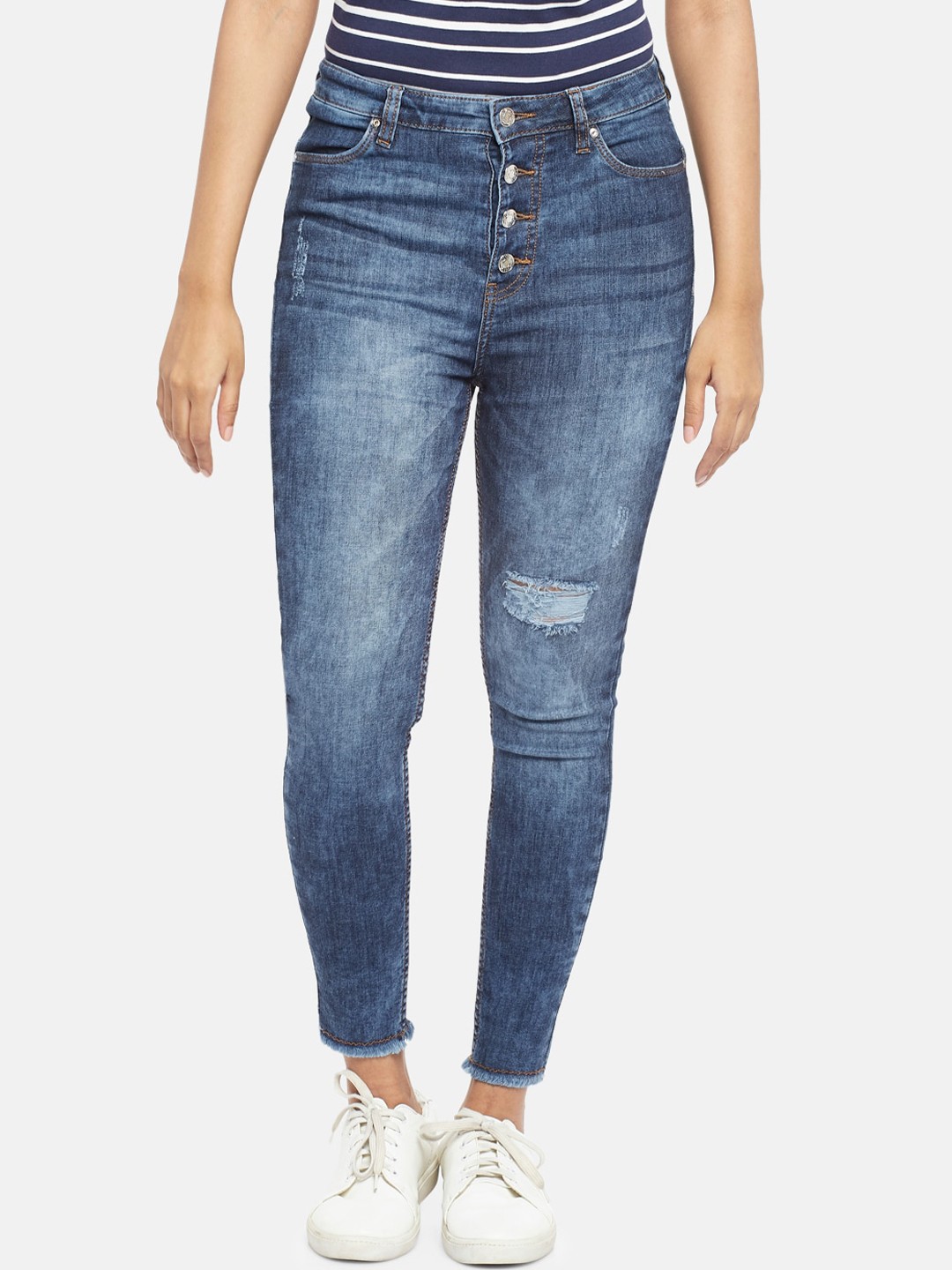 

People Women Blue Skinny Fit High-Rise Mildly Distressed Heavy Fade Jeans