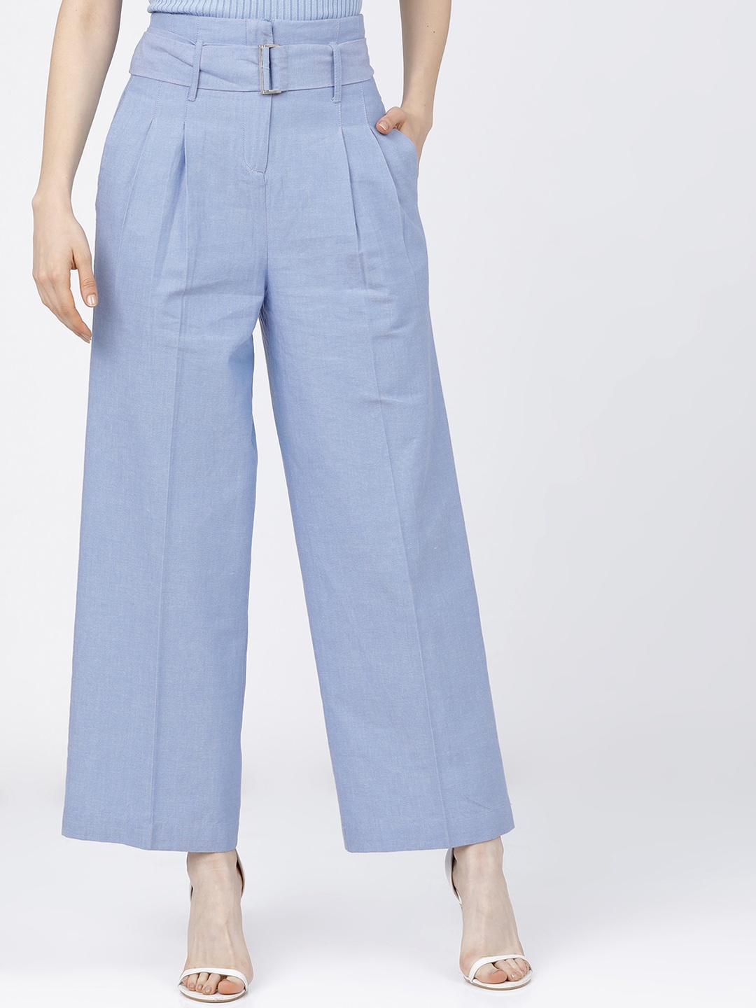 

CHIC BY TOKYO TALKIES Women Blue Flared High-Rise Pleated Parallel Trousers