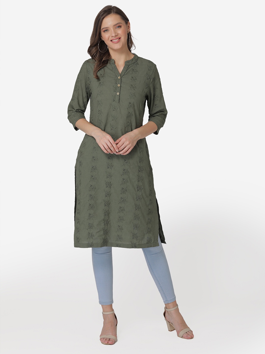 

Modriba Women Olive Green Floral Schiffli Embroidered Cotton A-line Kurta