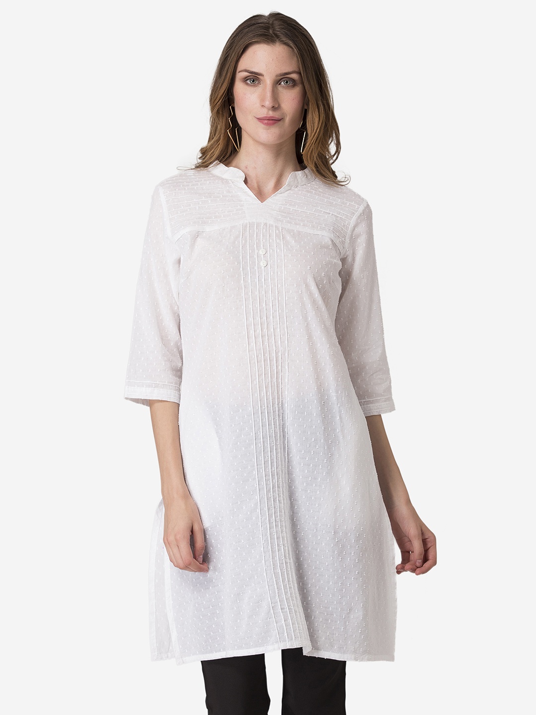 

Modriba Women White Cotton Dobby Pintuck A-line Kurta