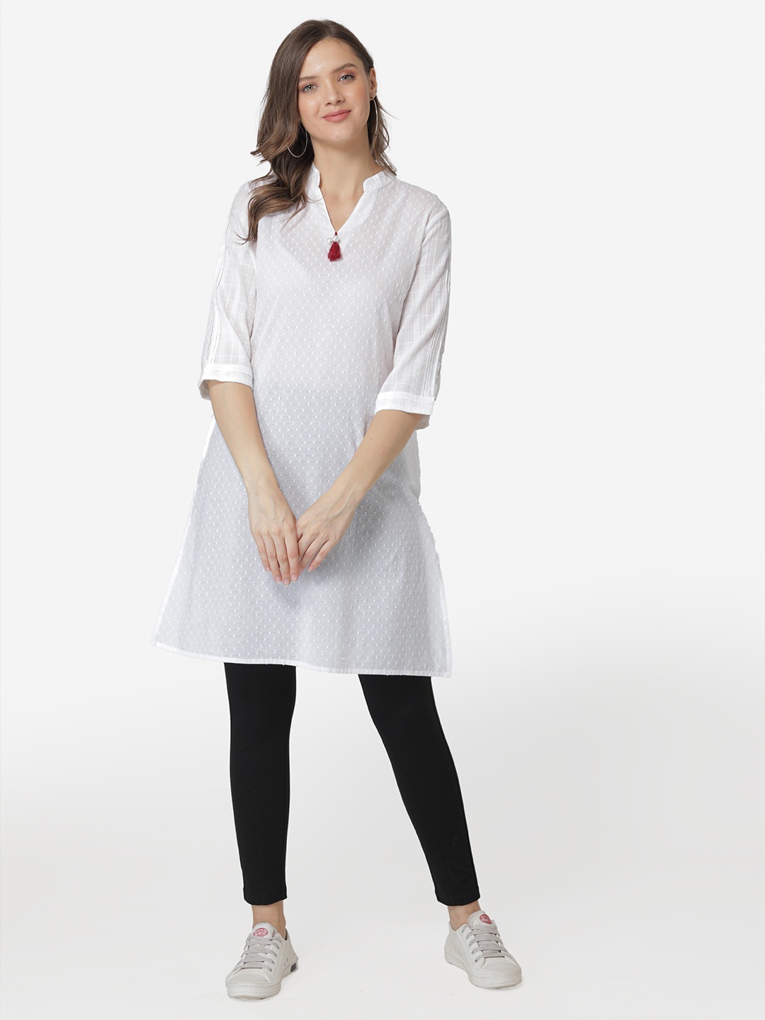 

Modriba Women White Dobby Cotton A-line Kurta