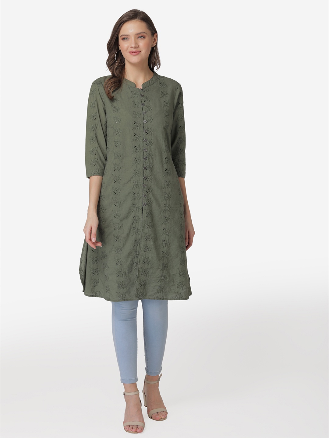 

Modriba Women Olive Green Floral Schiffli Embroidered Cotton A-line Kurta