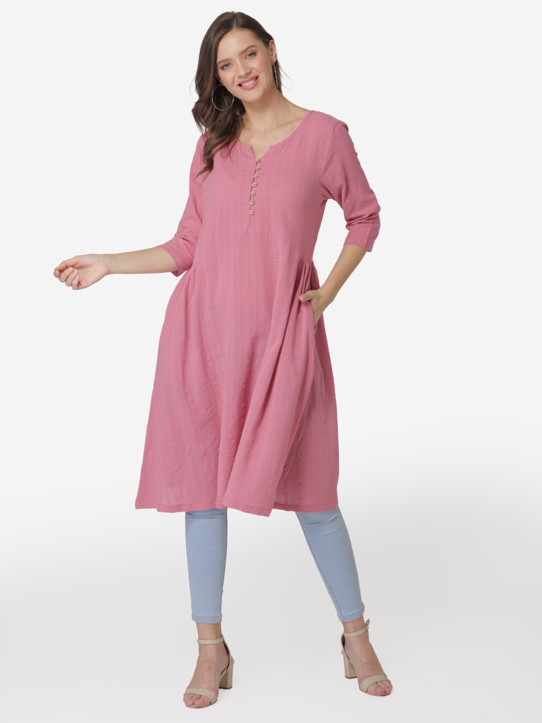 

Modriba Women Pink Self Checked Cotton A-line Kurta