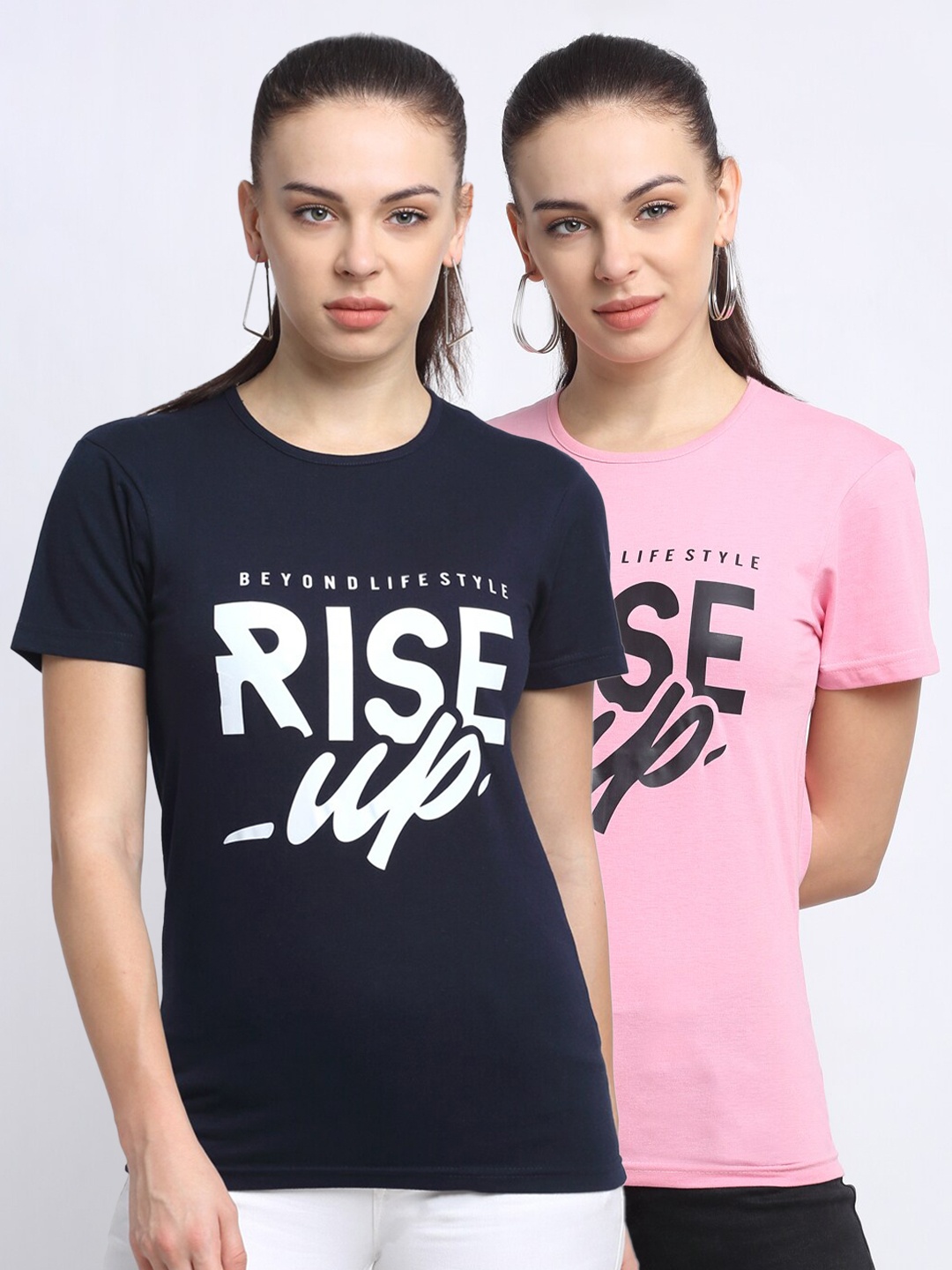 

VIMAL JONNEY Women Navy Blue & Pink Typography 2 Printed T-shirt