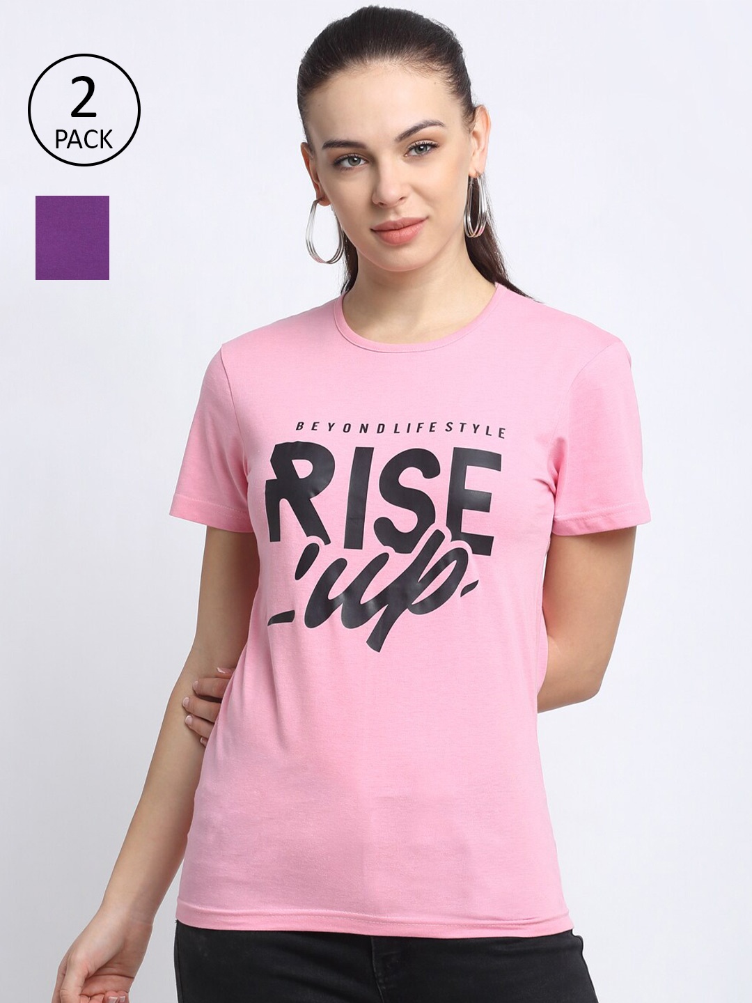 

VIMAL JONNEY Women Pink & Purple Typography Printed Pockets T-shirt