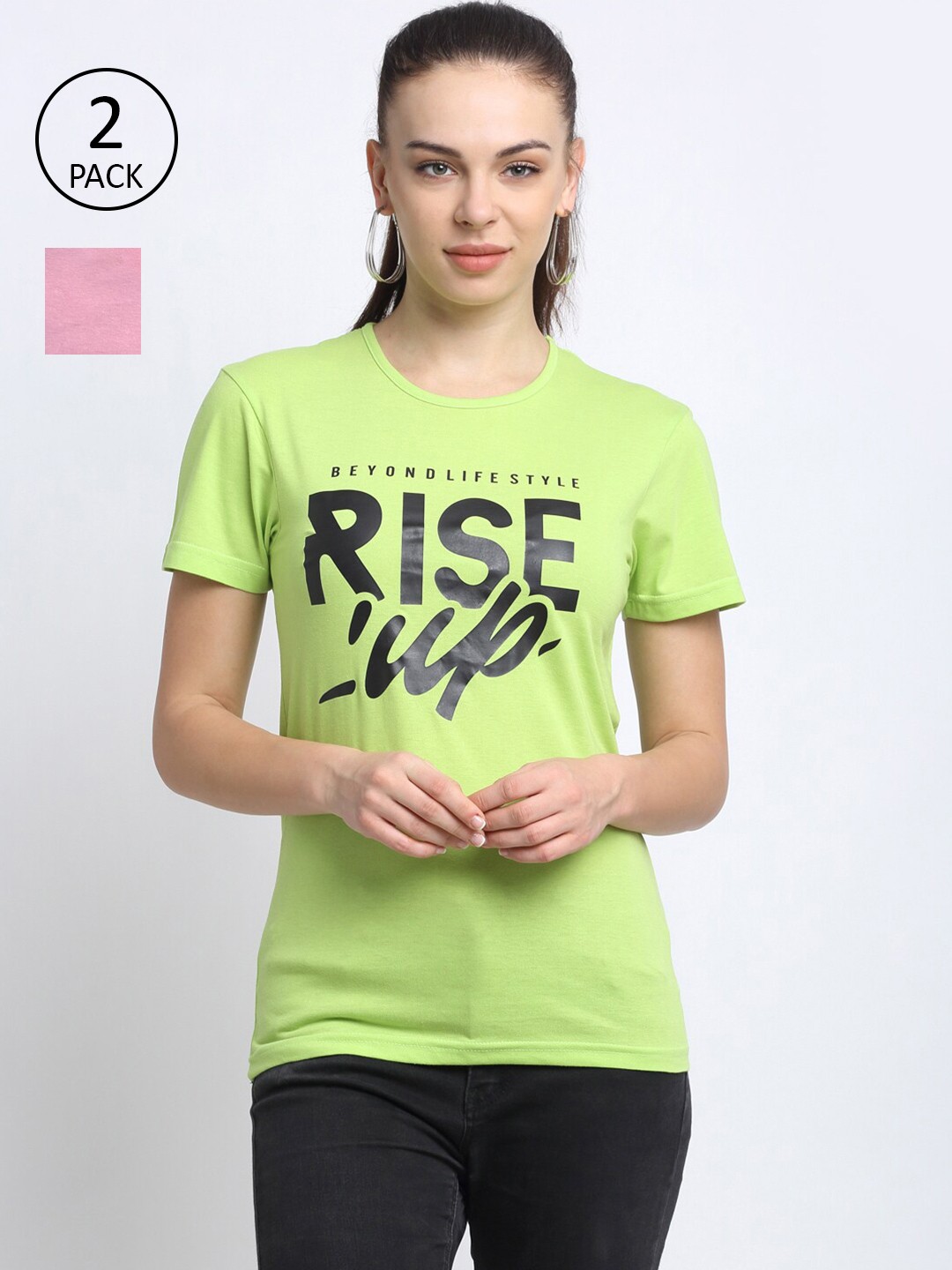 

VIMAL JONNEY Women Green & Pink Typography Printed Pockets T-shirt