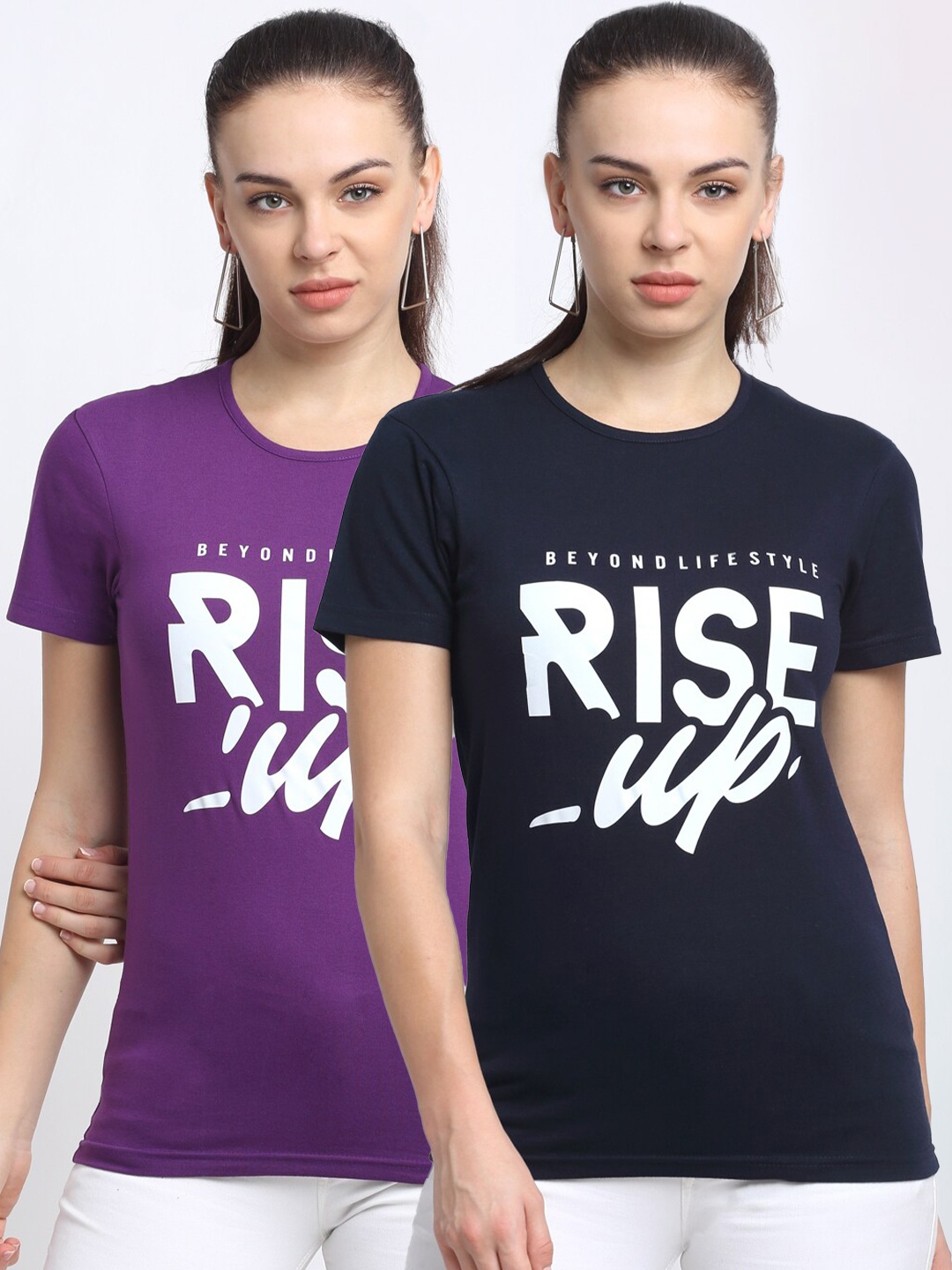 

VIMAL JONNEY Women Navy Blue & Purple Typography 2 Printed T-shirt