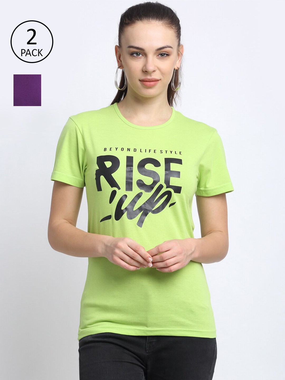 

VIMAL JONNEY Women Green & Purple Typography 2 Printed T-shirt