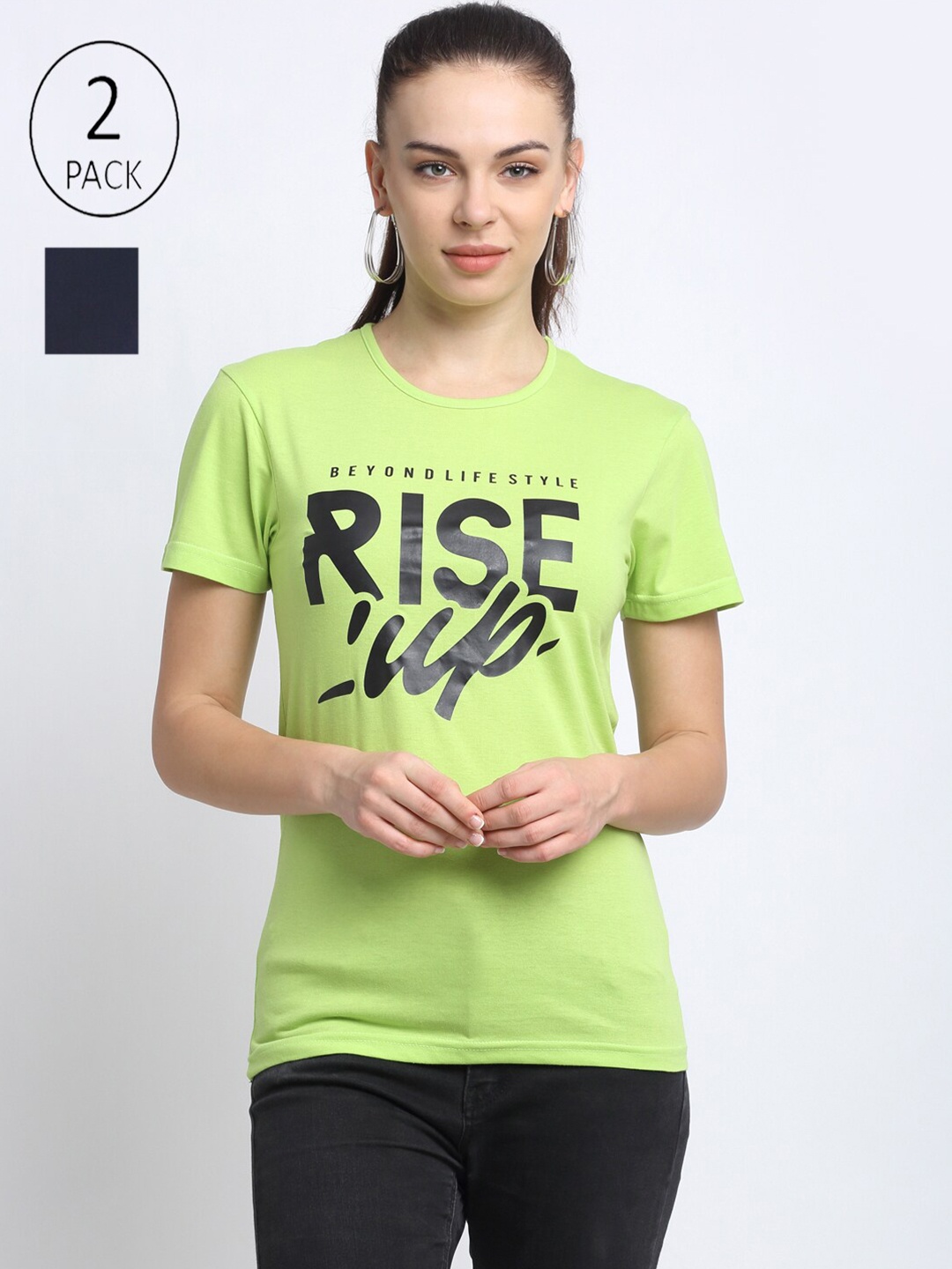 

VIMAL JONNEY Women Green & Navy Blue Typography 2 Printed T-shirt