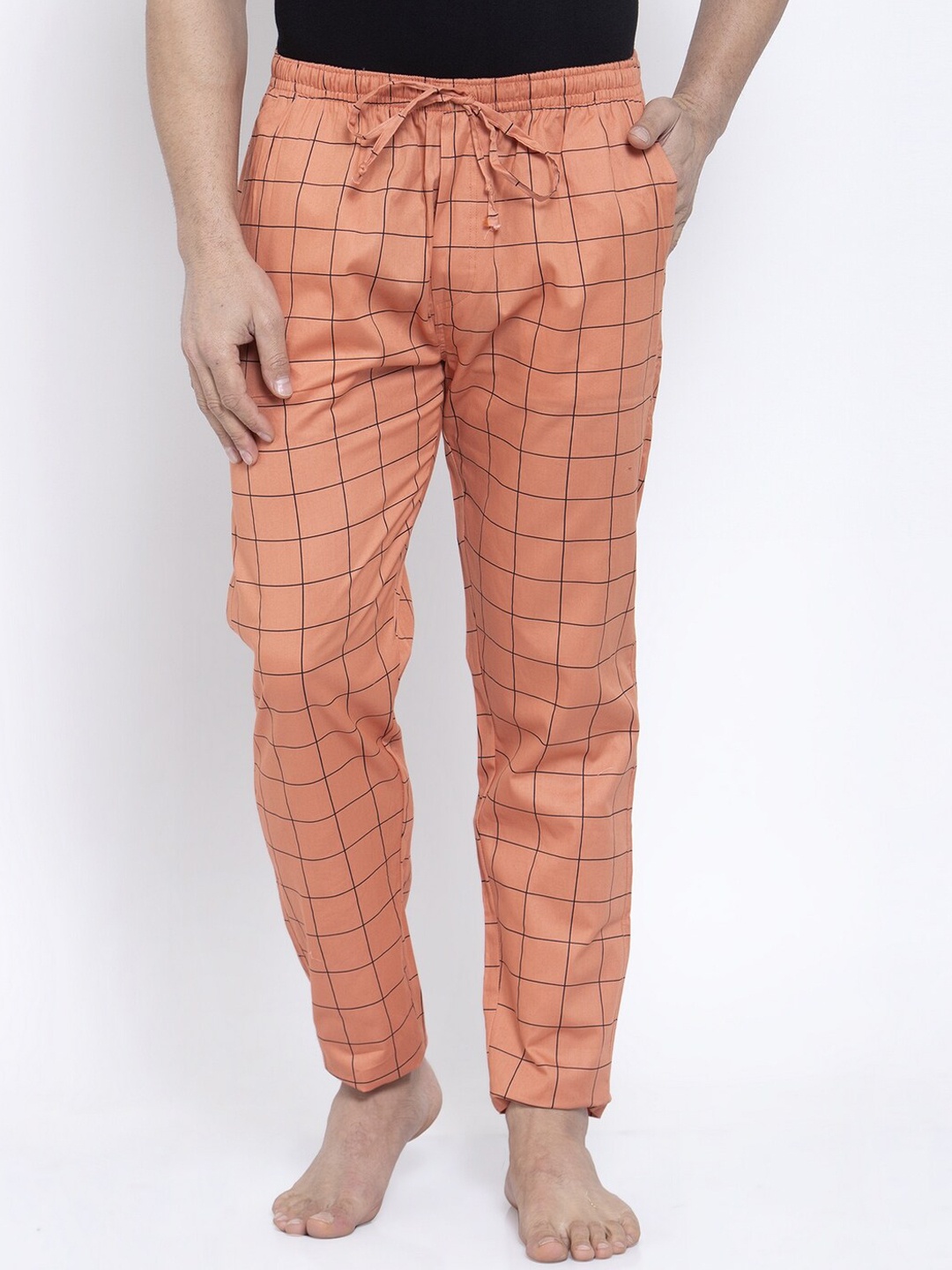 

JAINISH Men Orange & Black Checked Slim Fit Lounge Pants