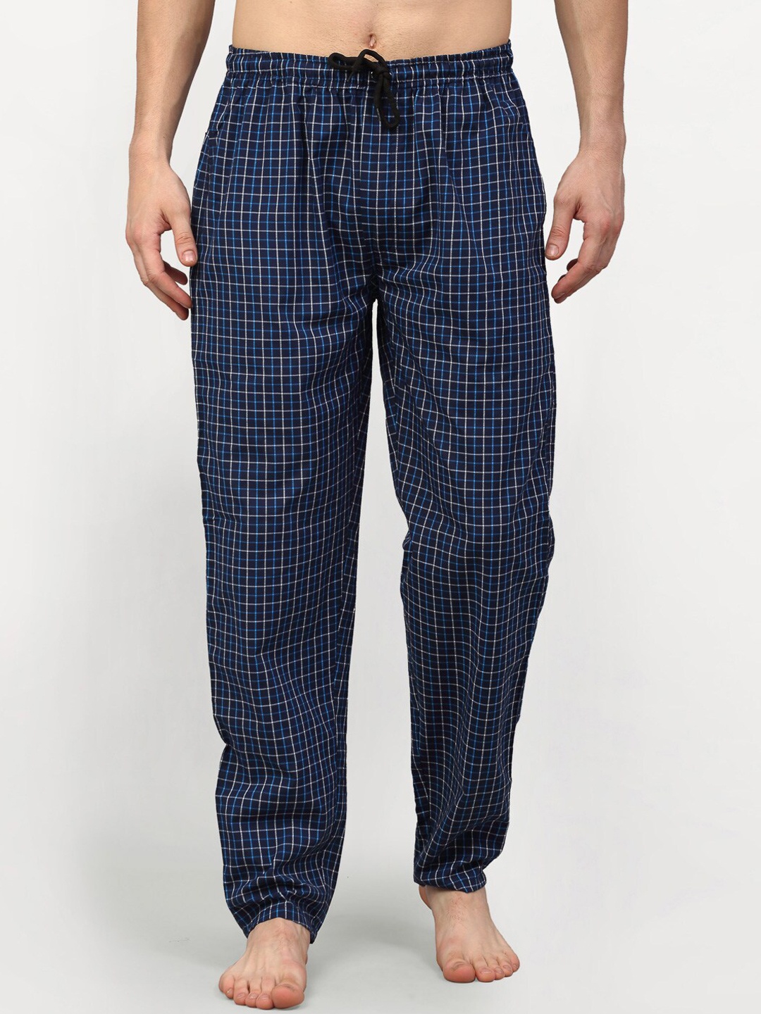 

JAINISH Men Navy Blue & White Checked Slim-Fit Pure Cotton Lounge Pants