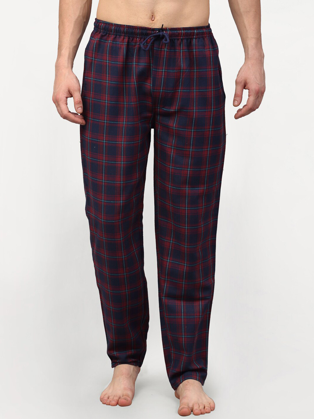 

JAINISH Men Blue & Red Checked Slim-Fit Pure Cotton Lounge Pants