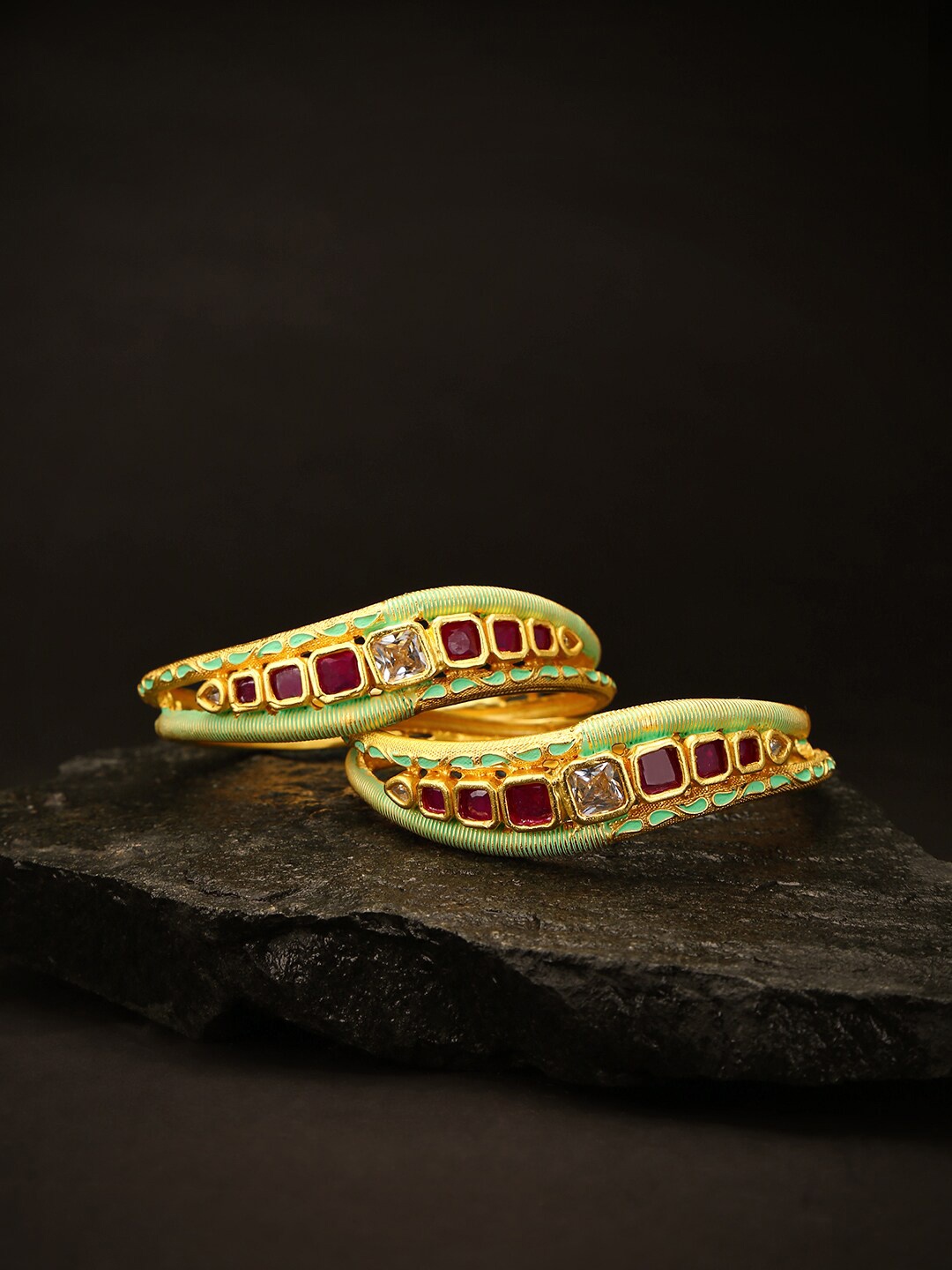 

Priyaasi Set Of 2 Gold-Plated Magenta Pink & Sea Green AD & Ruby-Studded Enameled Handcrafted Curved Bangles