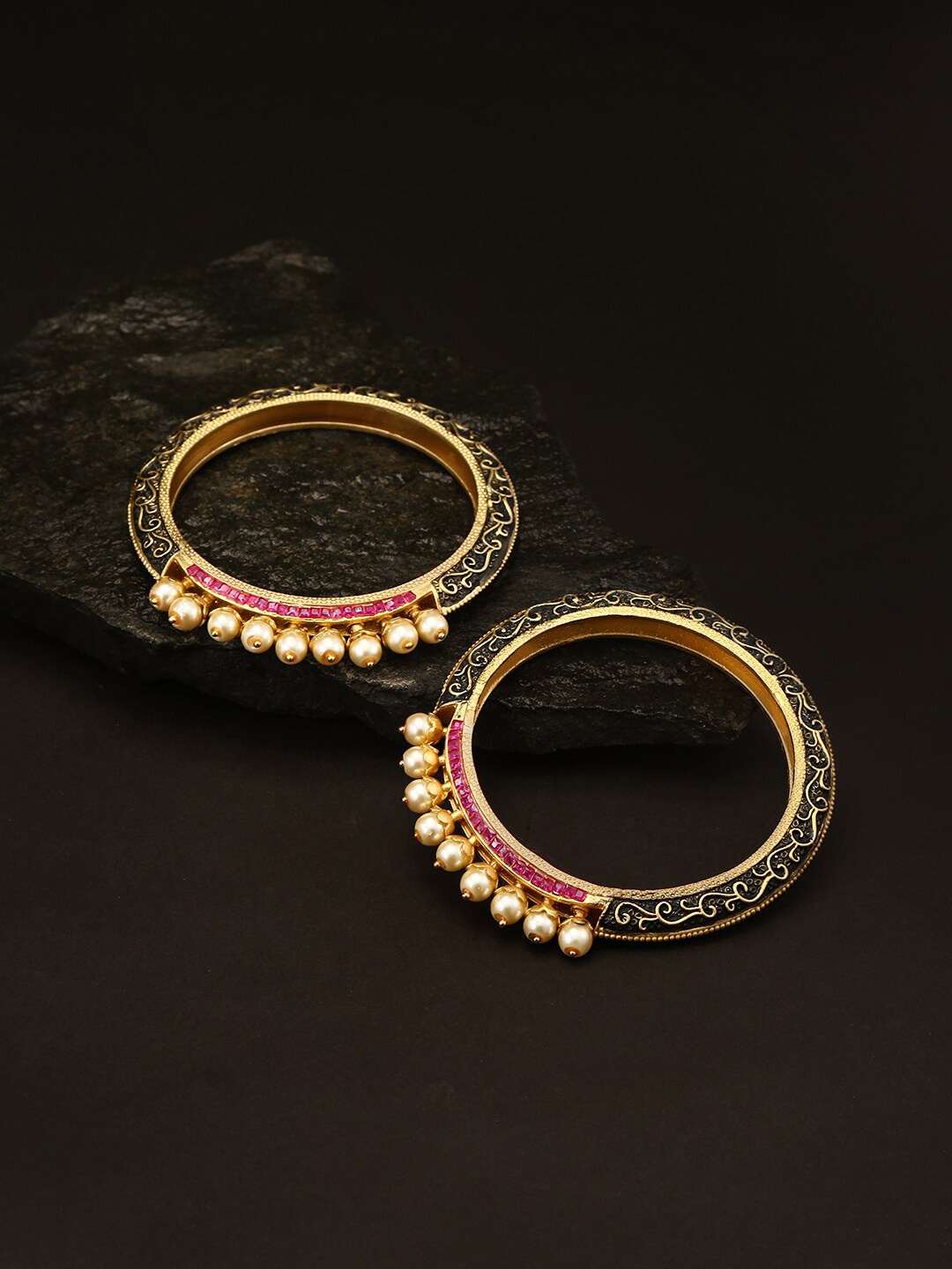 

Priyaasi Set Of 2 Gold-Plated Off-White & Black Pearl Beaded Handcrafted Meenakari Bangles