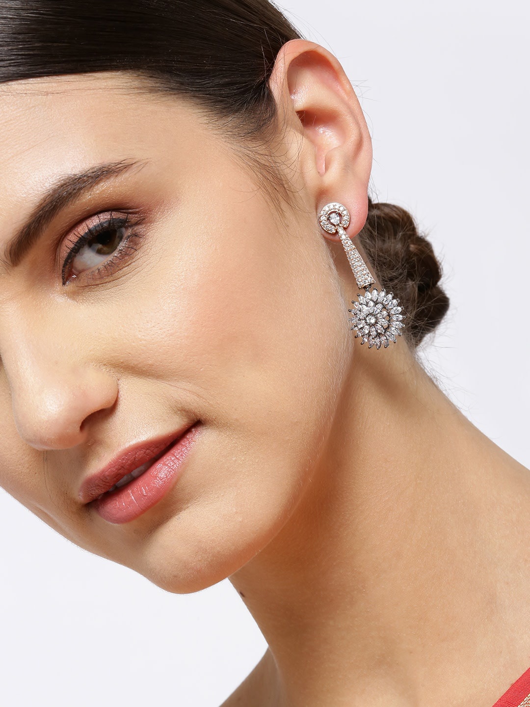 

Priyaasi Silver-Toned Gunmetal-Plated American Diamond Studded Floral Drop Earrings