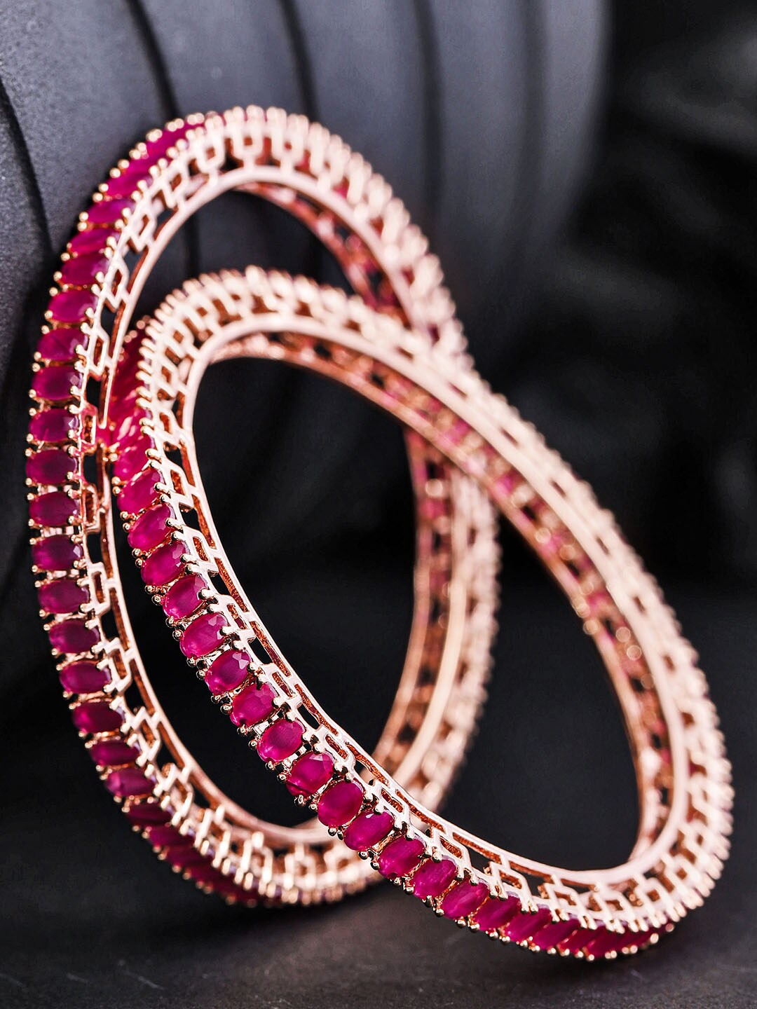 

Priyaasi Set Of 2 Rose Gold-Plated & Magenta Pink Ruby-Studded Handcrafted Bangles