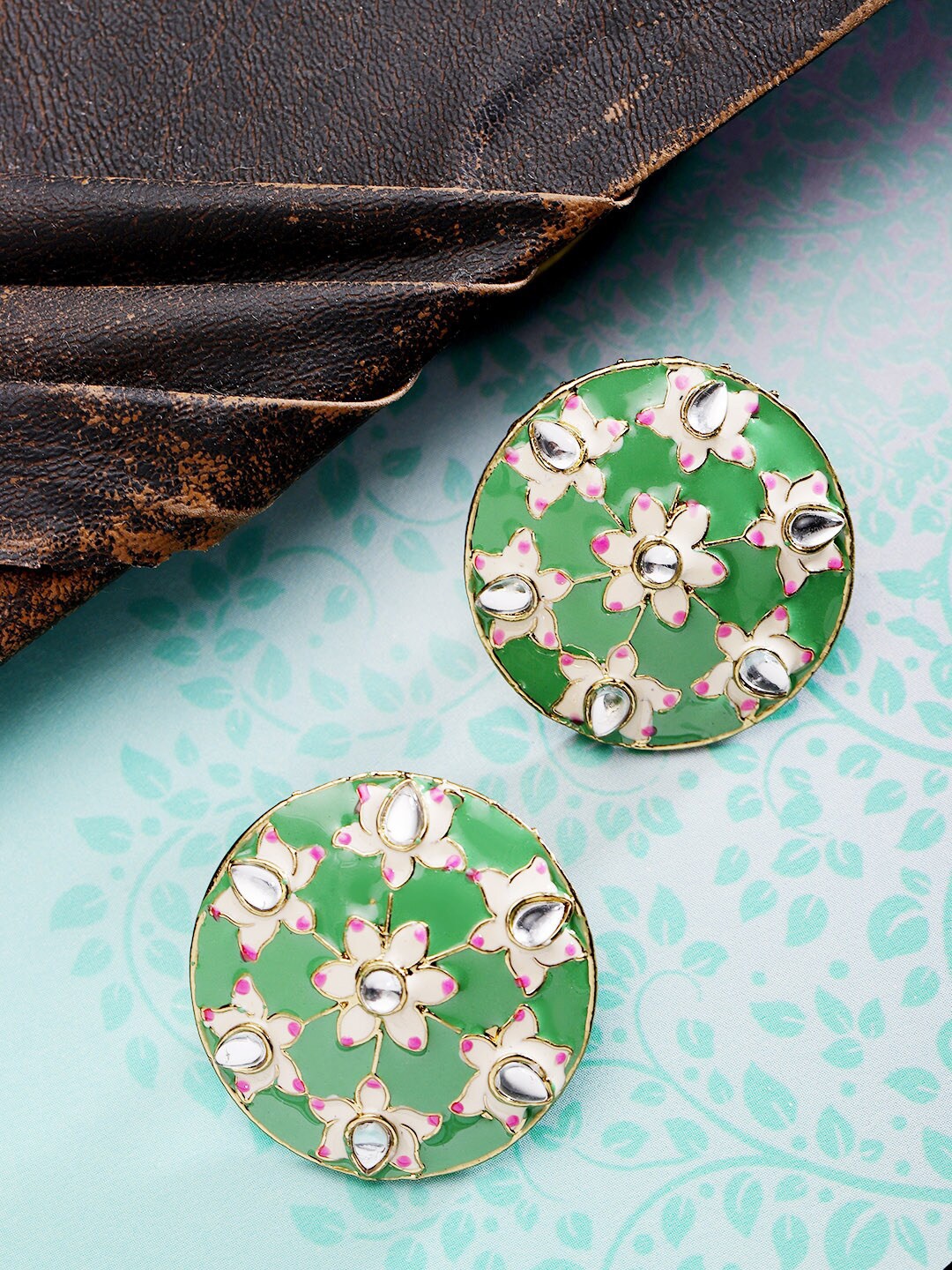 

Priyaasi Gold-Plated Green & Cream-Coloured Floral Contemporary Studs Earrings