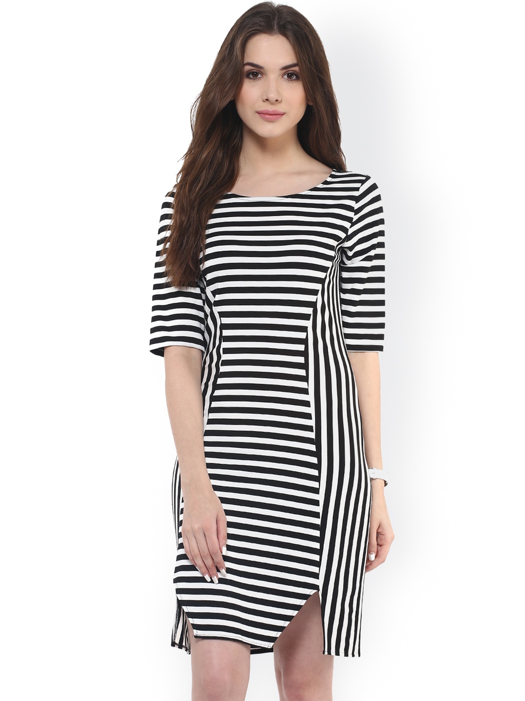 

Zima Leto Women Black & White Striped Sheath Dress