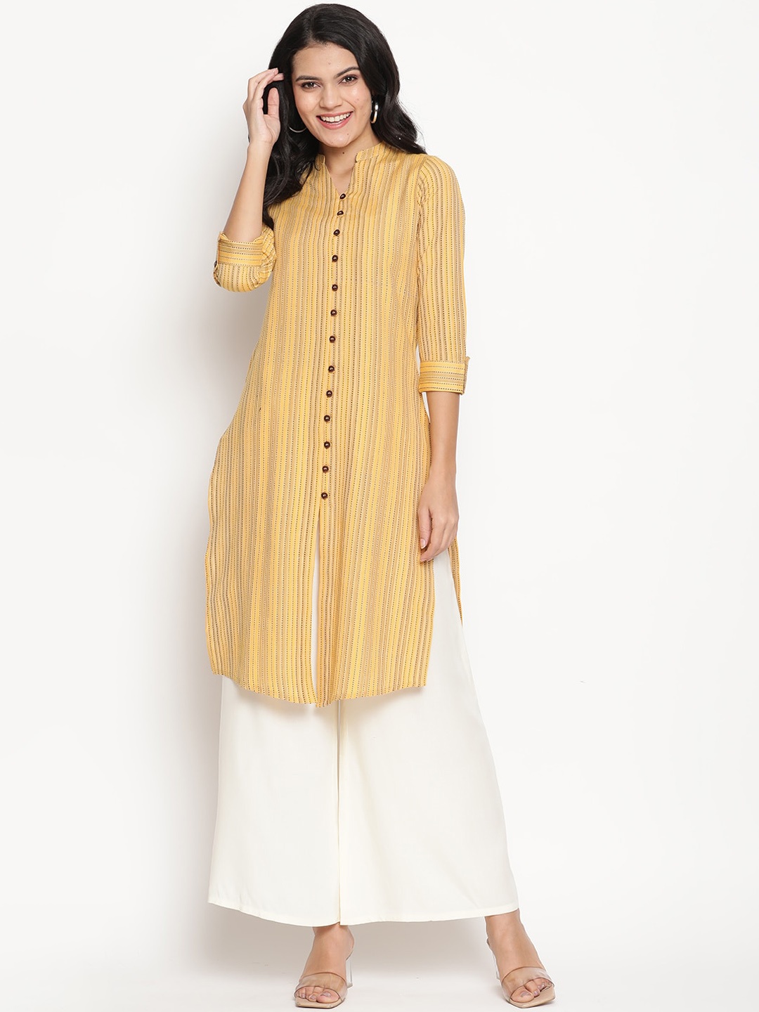 

Be Indi Women Mandarin Collar Striped Pathani Multiple Slits Regular Kurta, Mustard