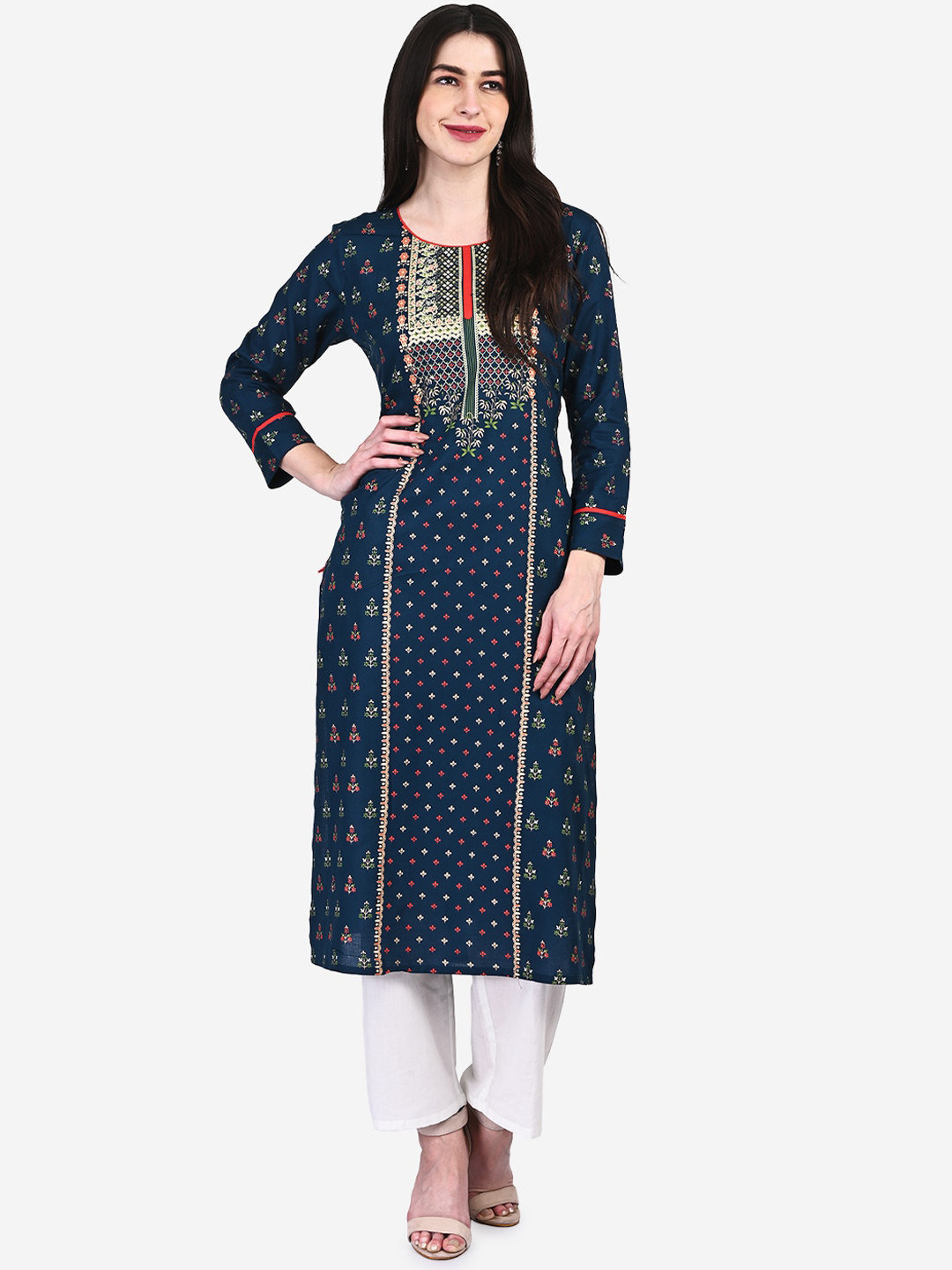 

Be Indi Women Round Neck Ethnic Motifs A-Line Side Slits Regular Kurta, Turquoise blue