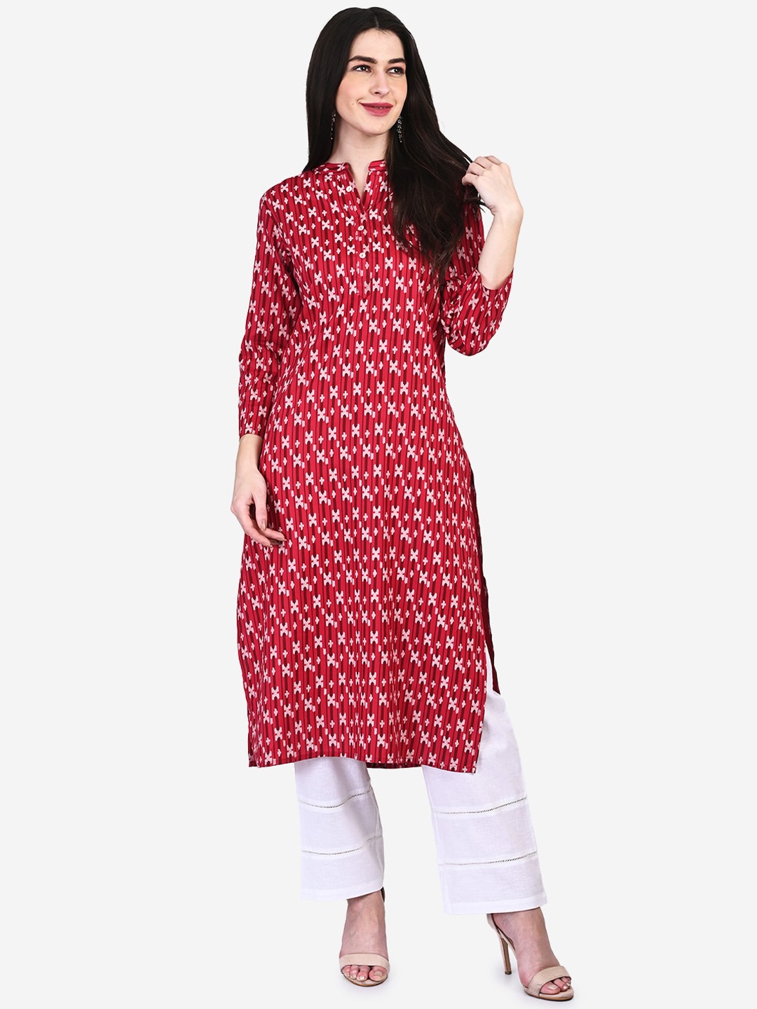 

Be Indi Women Mandarin Collar Geometric Straight Multiple Slits Regular Kurta, Pink