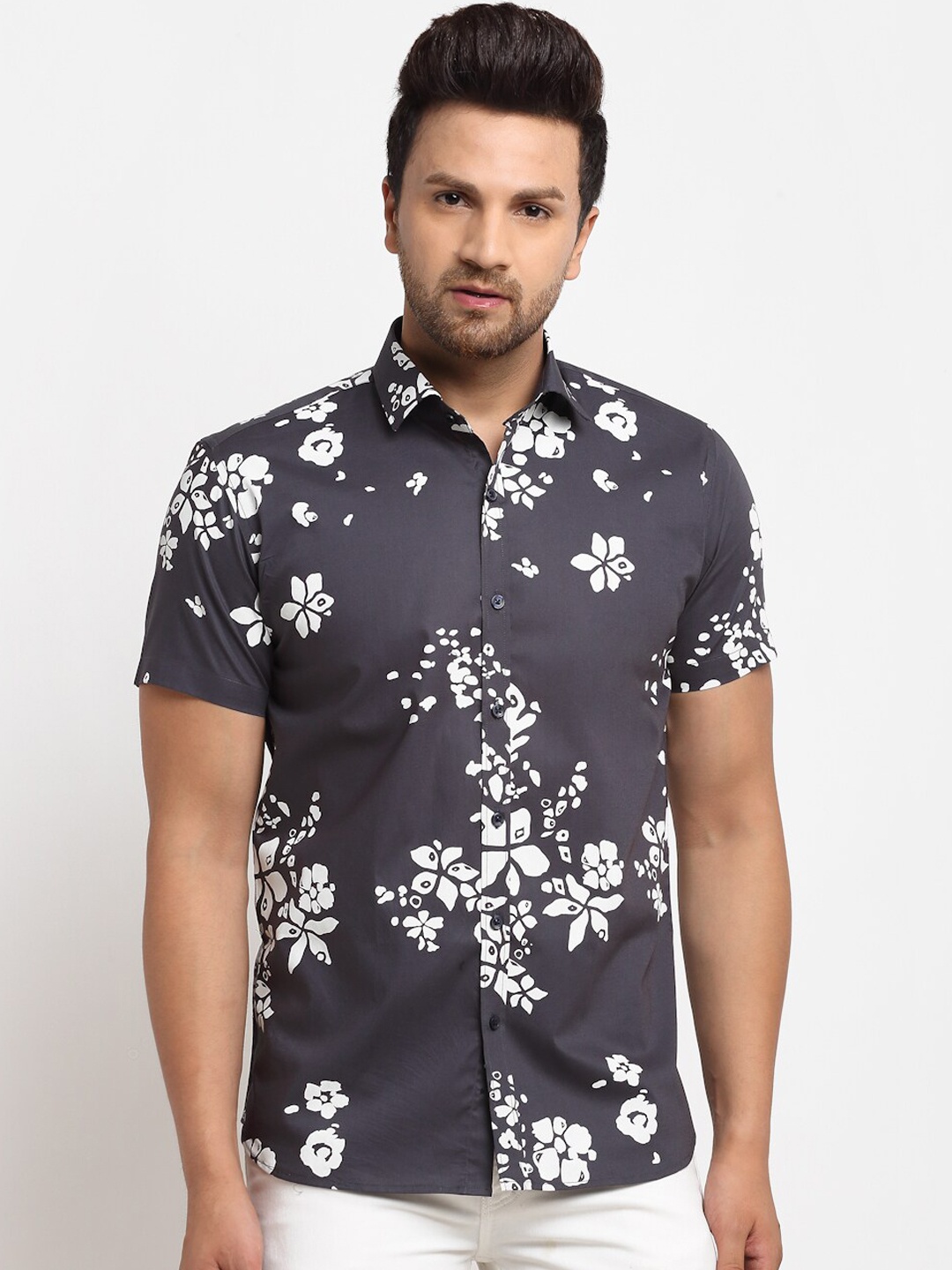 

Ennoble Men Grey Tailored Fit Floral Pure Cotton Printed Casual Shirt
