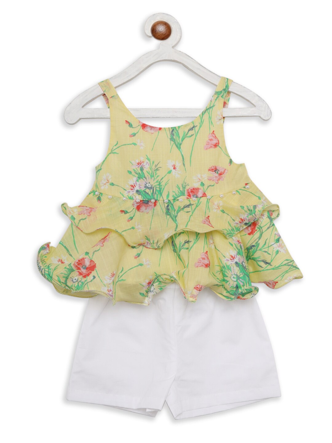 

Nauti Nati Girls Yellow & Green Floral Printed Pure Cotton Top With Shorts