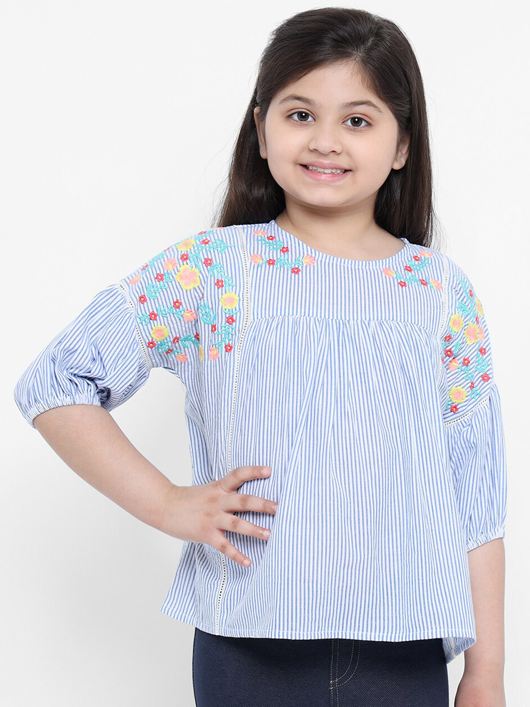 

Nauti Nati Girls Blue Striped Floral Embroidered A-Line Top