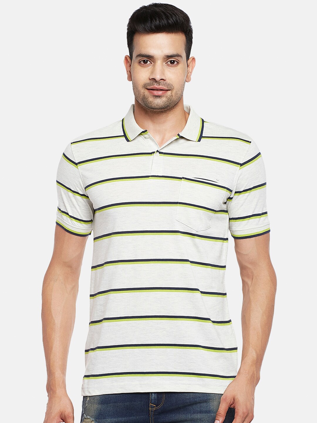 

BYFORD by Pantaloons Men Beige & Green Striped Polo Collar Pockets Slim Fit T-shirt