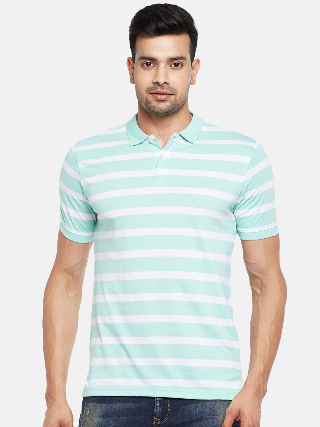

BYFORD by Pantaloons Men Green & White Striped Polo Collar T-shirt