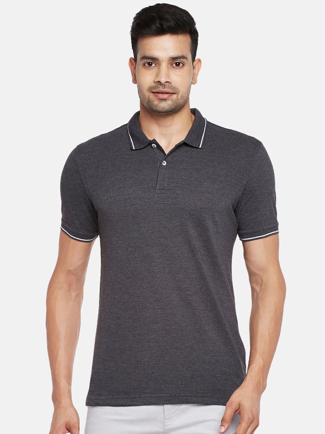 

BYFORD by Pantaloons Men Grey Polo Collar Pure Cotton T-shirt