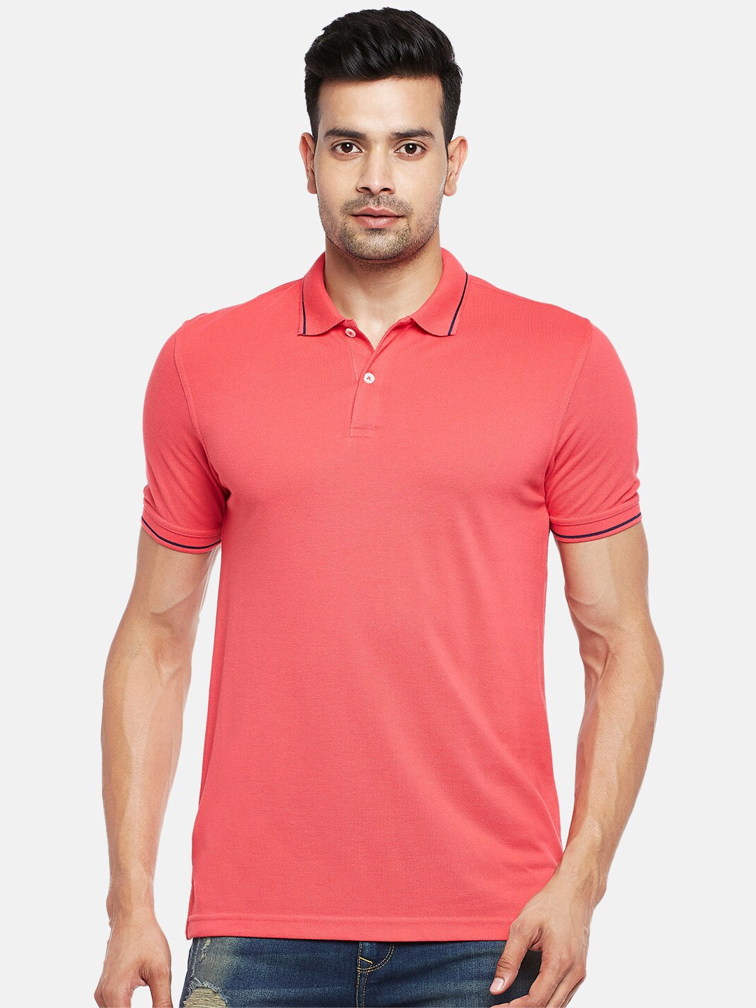

BYFORD by Pantaloons Men Coral Orange Polo Collar Pure Cotton T-shirt