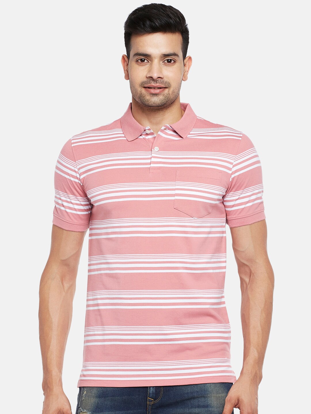 

BYFORD by Pantaloons Men Pink & White Striped Polo Collar Pockets T-shirt