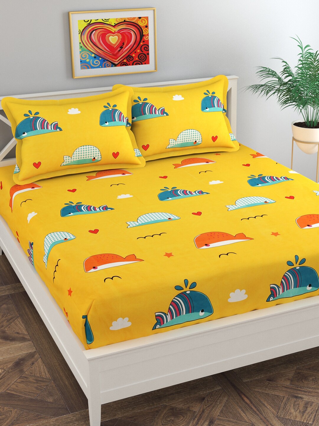 

Florida Yellow & Blue Cartoon Characters 144 TC King Bedsheet with 2 Pillow Covers