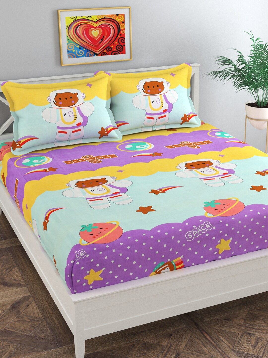 

Florida Purple & Sea Green Cartoon Characters 144 TC Queen Bedsheet with 2 Pillow Covers