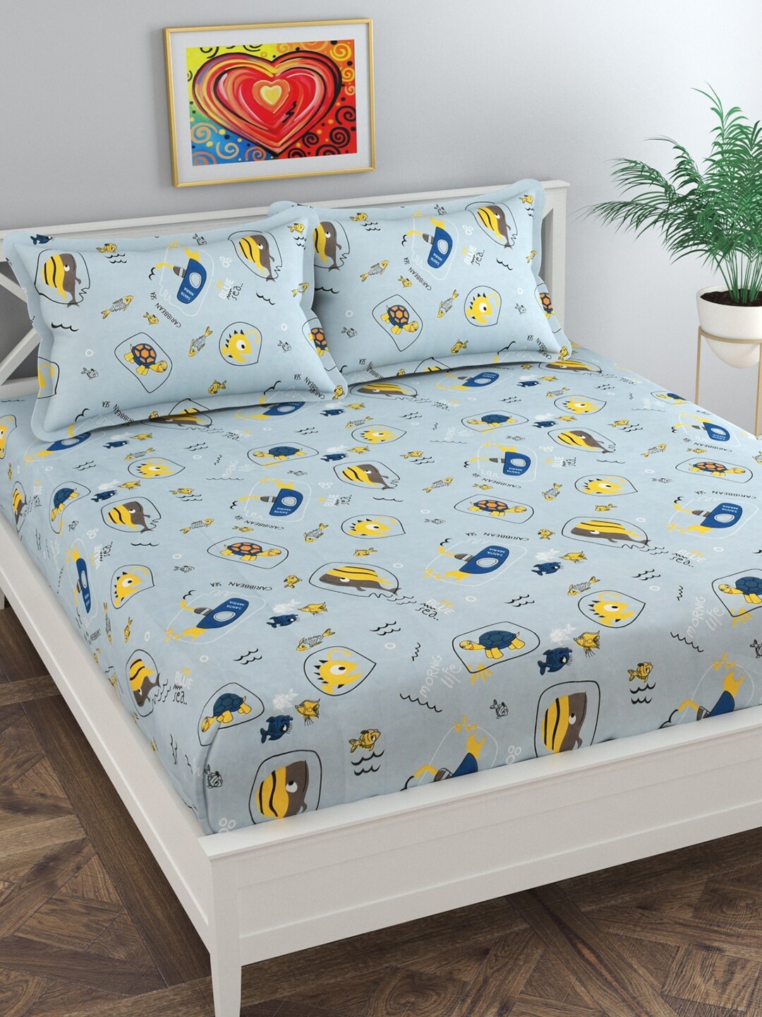 

Florida Grey & Yellow Cartoon Characters 144 TC Queen Bedsheet with 2 Pillow Covers