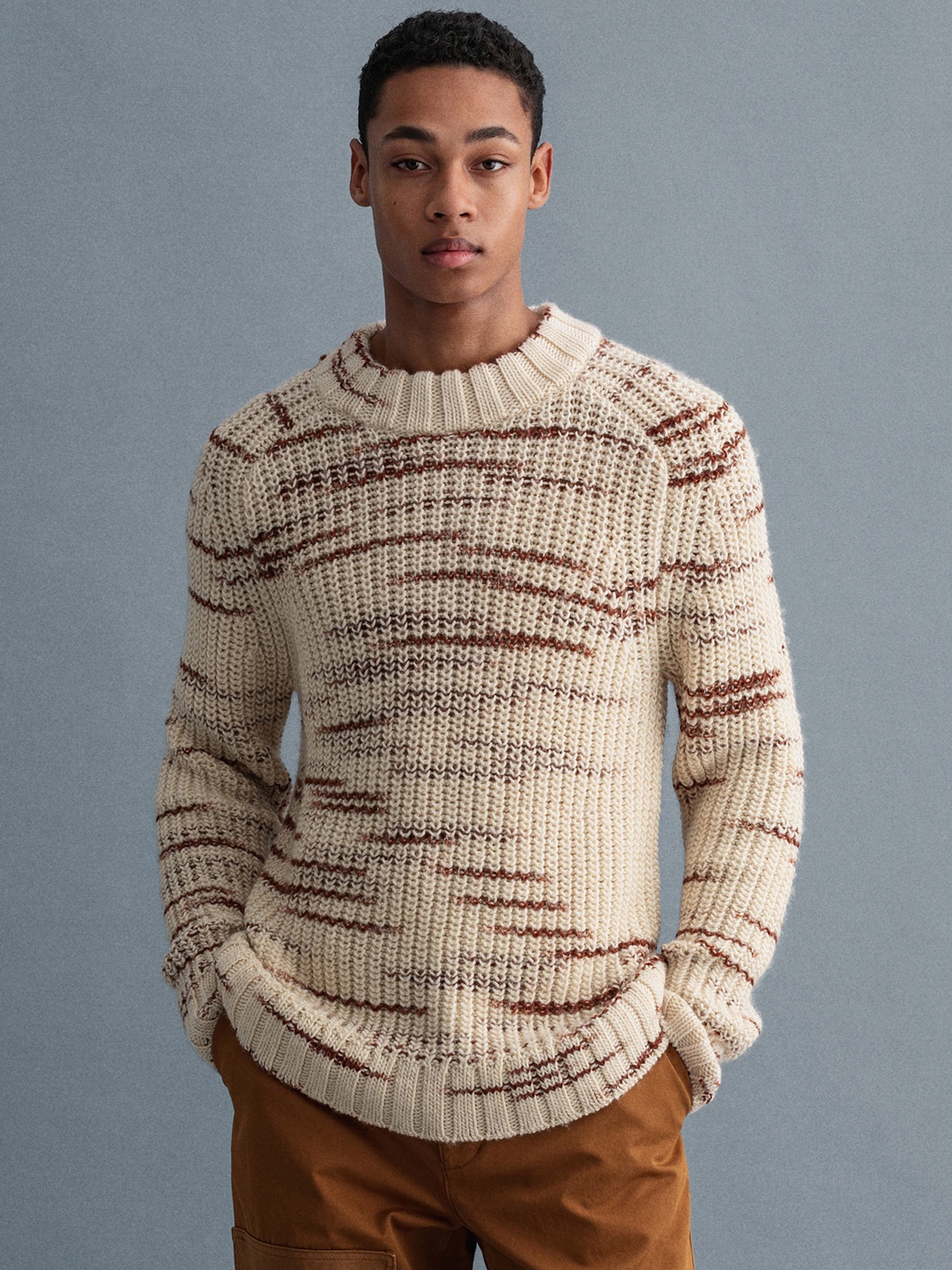 

GANT Men Cream-Coloured & Brown Striped Pullover