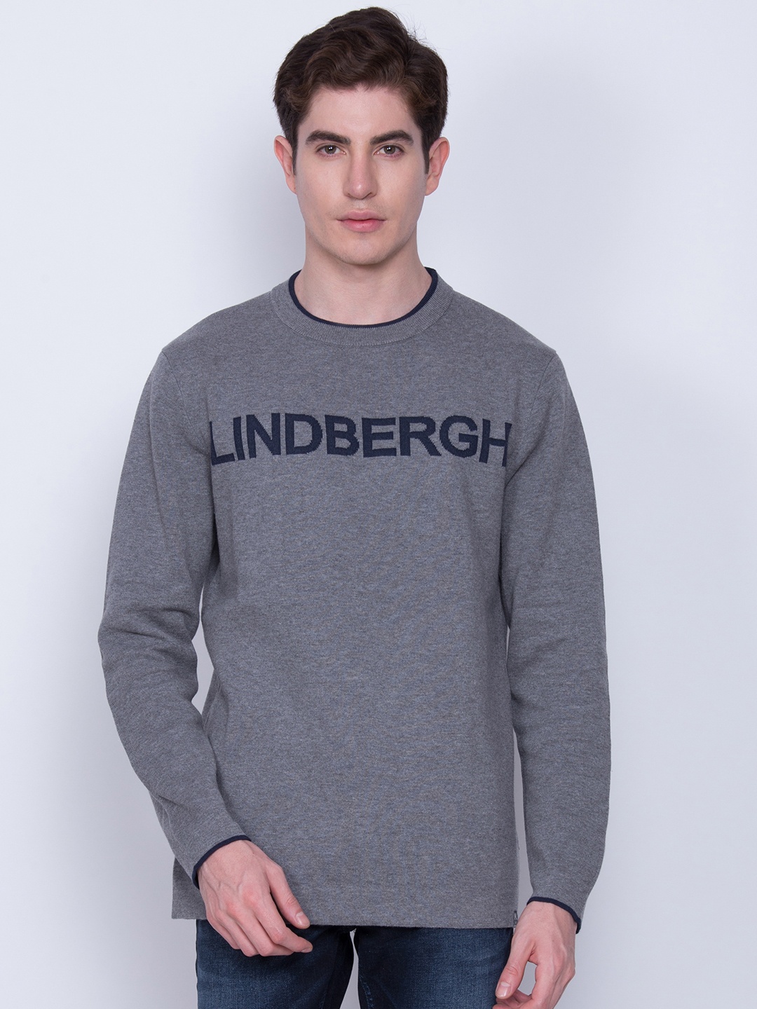 

LINDBERGH Men Grey Melange & Navy Blue Typography Printed Pullover