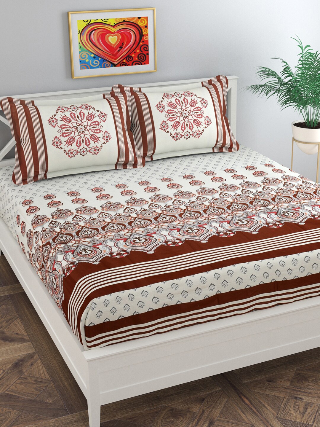 

Florida White & Maroon Ethnic Motifs 180 TC King Bedsheet with 2 Pillow Covers