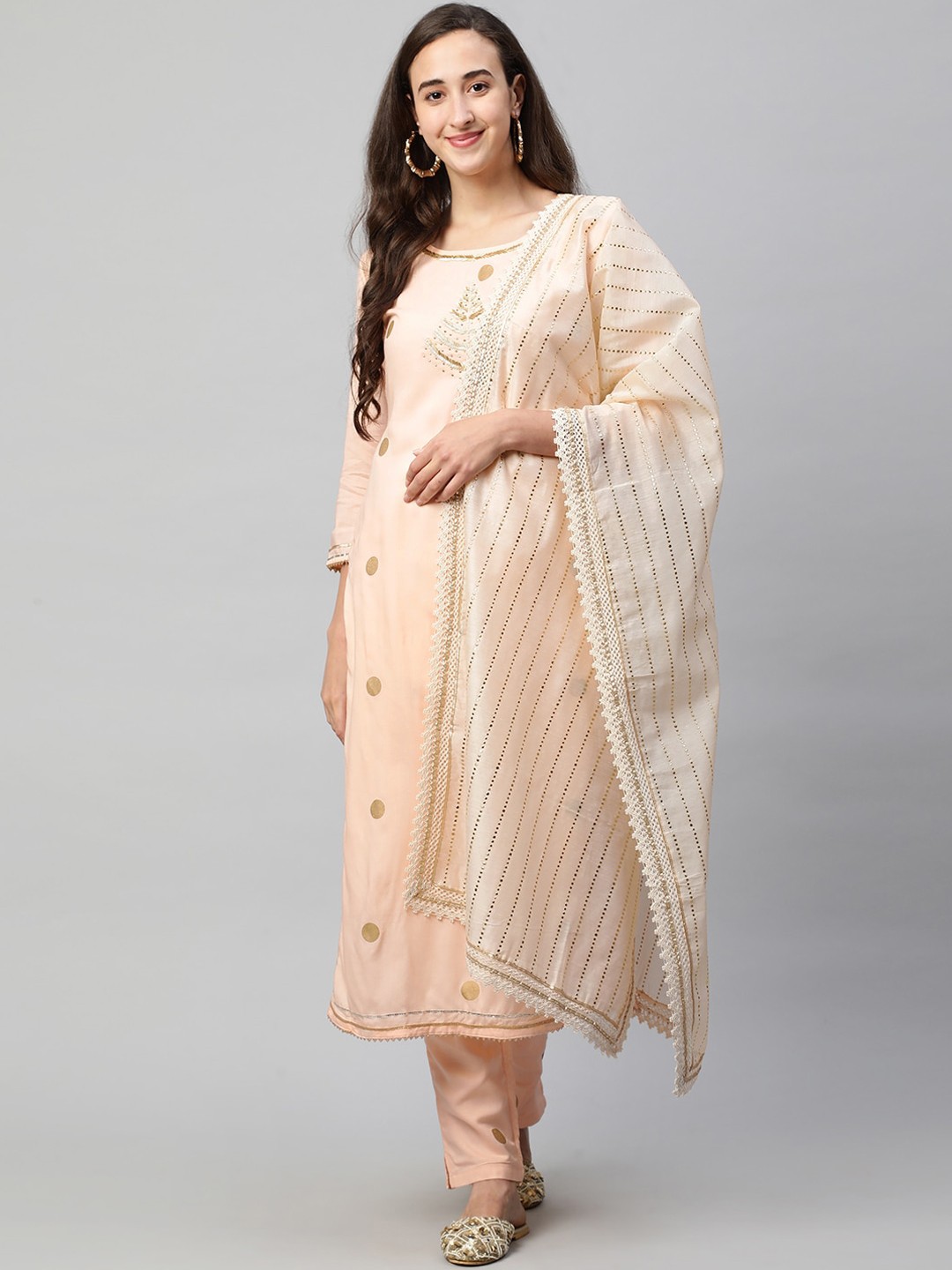 

FASHOR Women Peach-Coloured Embroidered Layered Gotta Patti Kurta with Trousers & With Dupatta