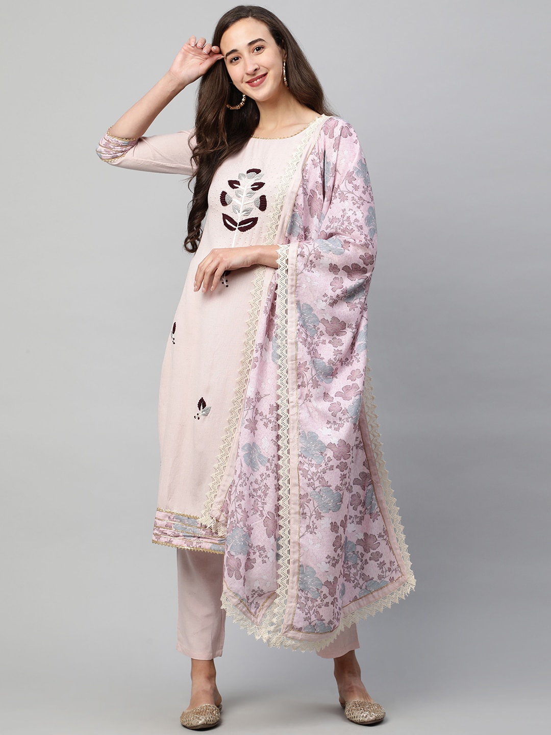 

FASHOR Women Pink Floral Embroidered Regular Kurta with Trousers & With Dupatta