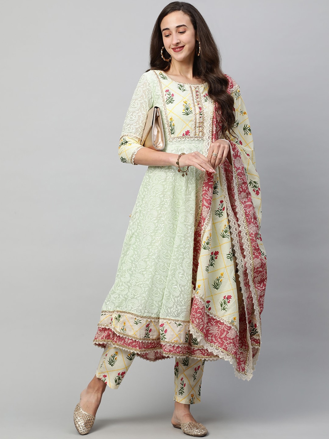 

FASHOR Women Green Ethnic Motifs Embroidered Regular Kurta with Trousers & With Dupatta