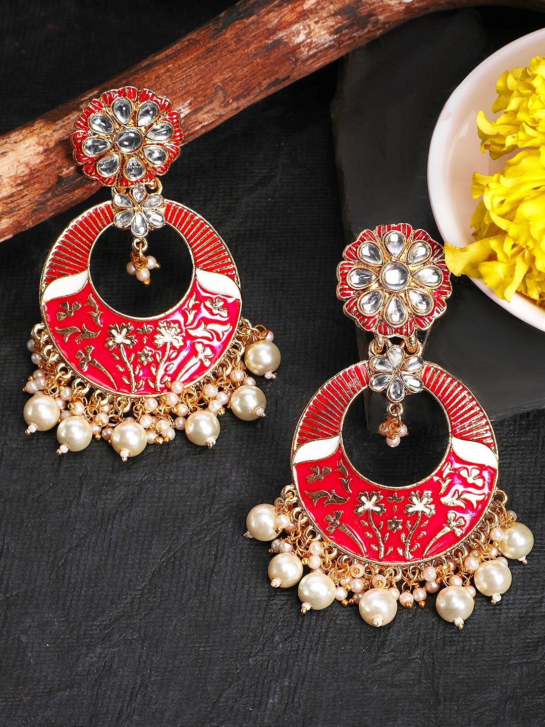 

Yellow Chimes Red Meenakari Chandbalis Earrings