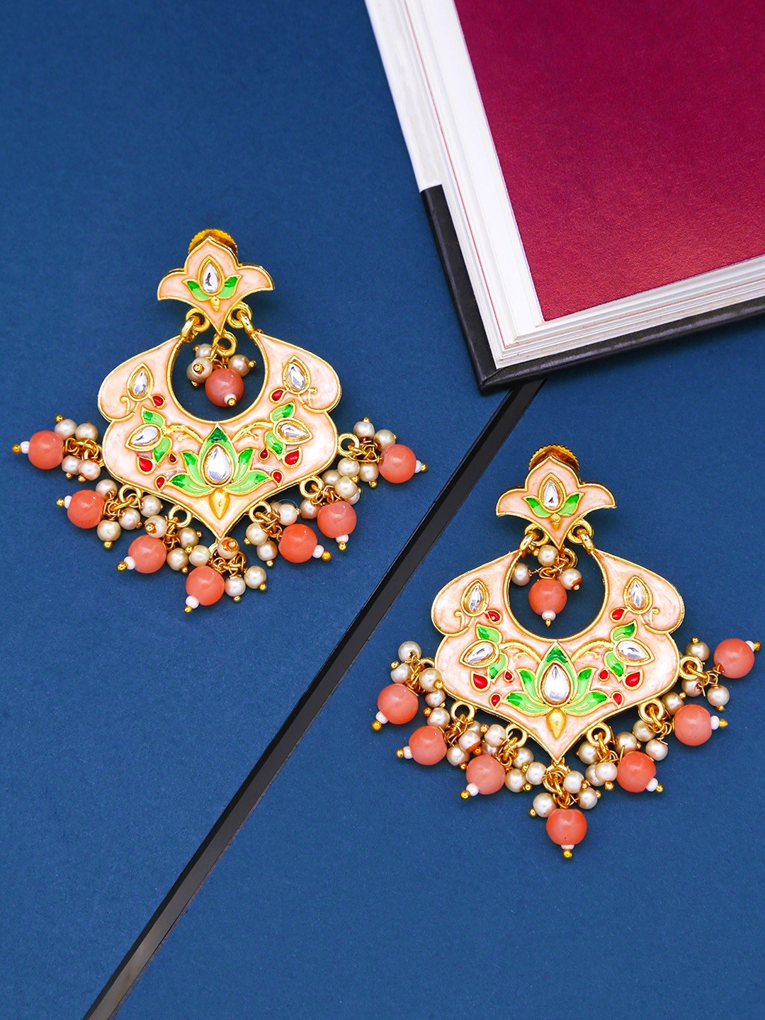 

Yellow Chimes Peach-Coloured & Green Contemporary Chandbalis Earrings