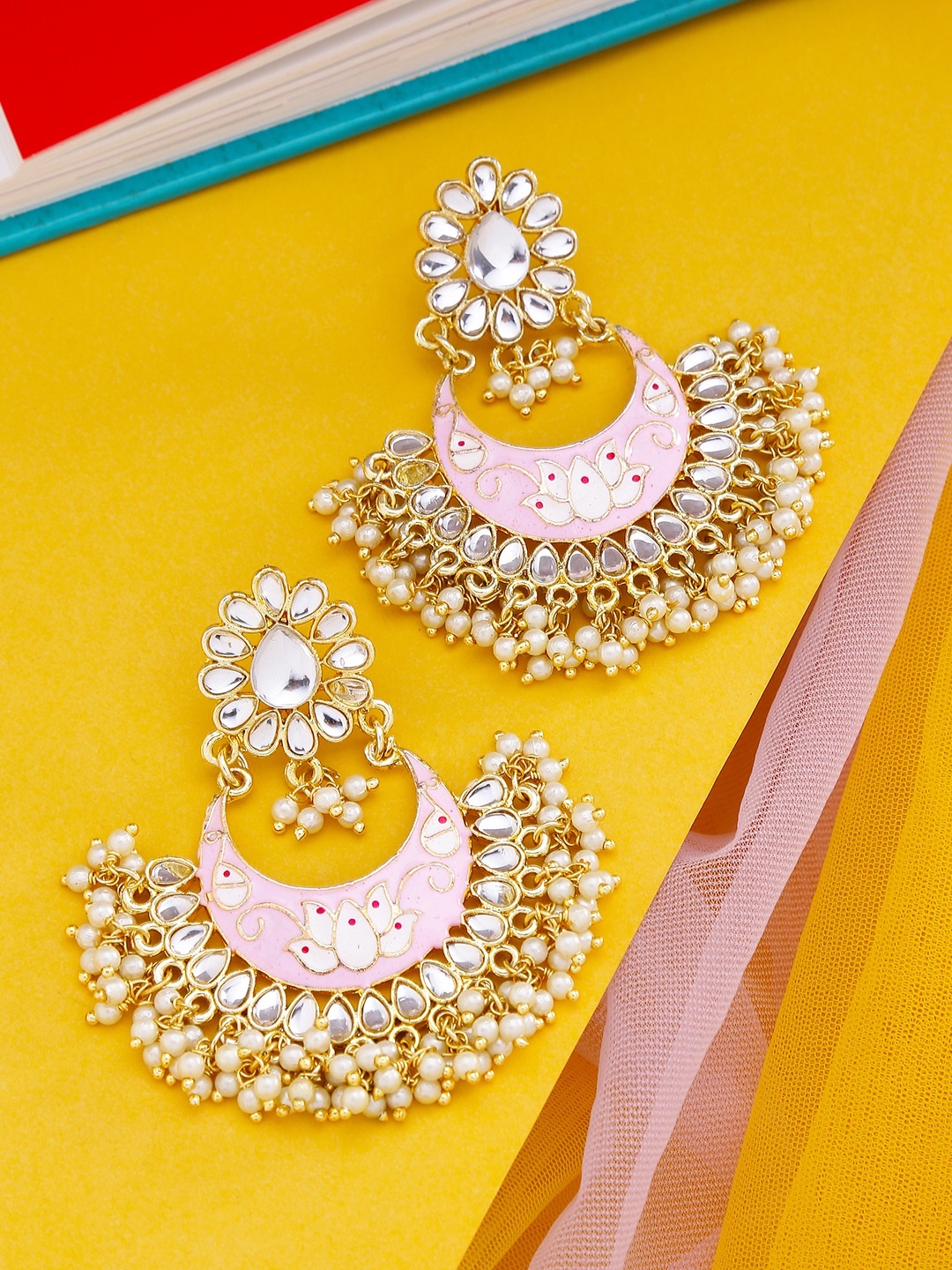 

Yellow Chimes Gold-toned Pink Meenakari Handcrafted Kundan Studded Chandbali Earrings