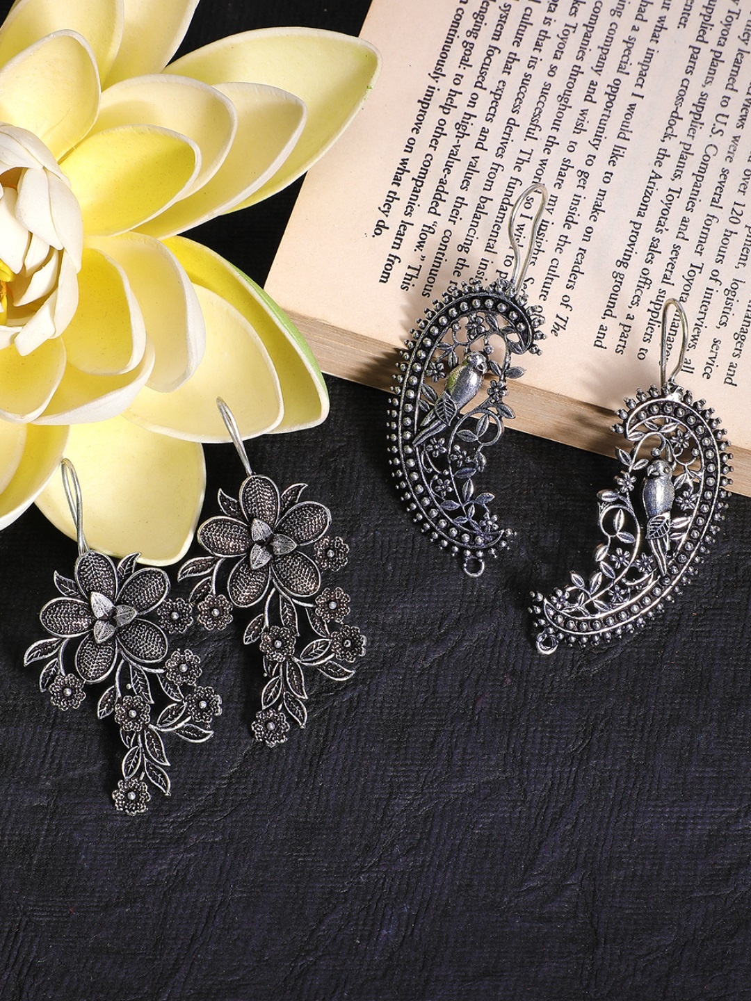 

Yellow Chimes Set Of 2 Silver-Toned Oxidized Floral Drop Earrings