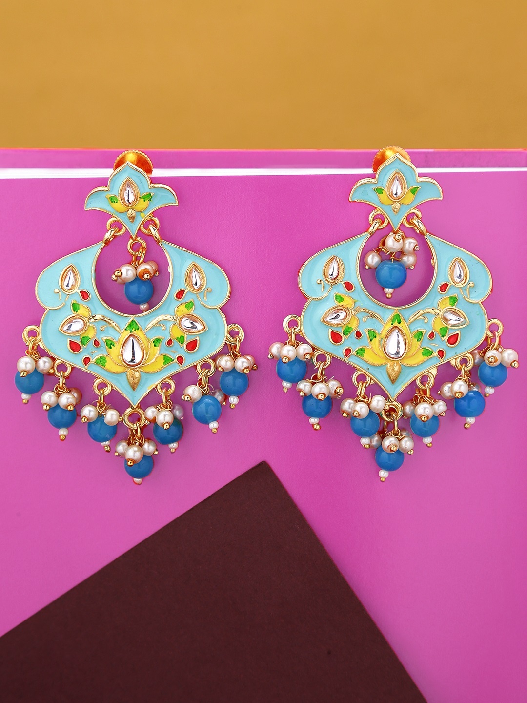 

Yellow Chimes Women Blue Floral Meenakari Chandbalis Earrings