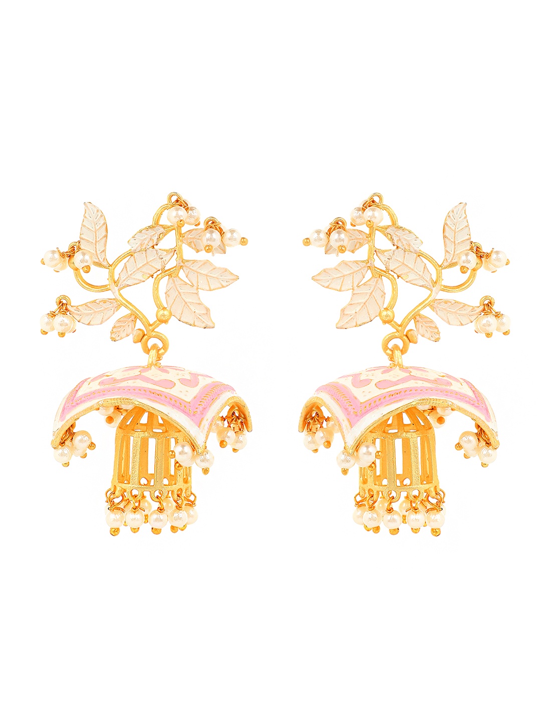 

Yellow Chimes Gold-Toned Pink Meenakari Handcrafted Contemporary Jhumka Earrings