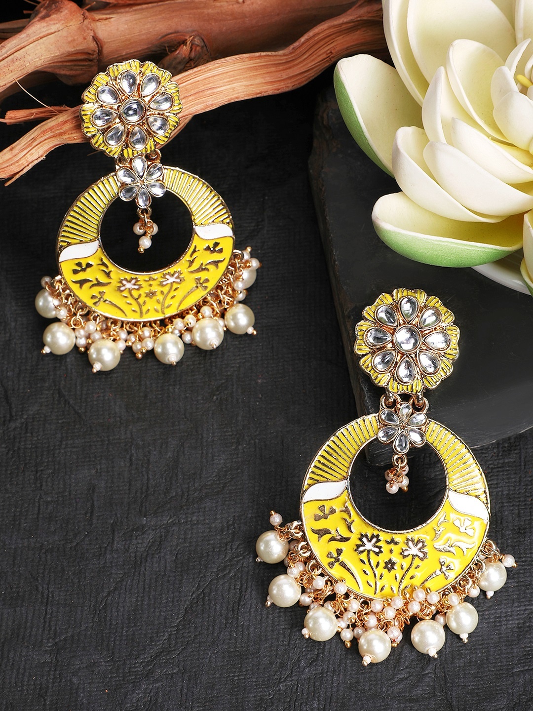 

Yellow Chimes Yellow Meenakari Chandbalis Earrings